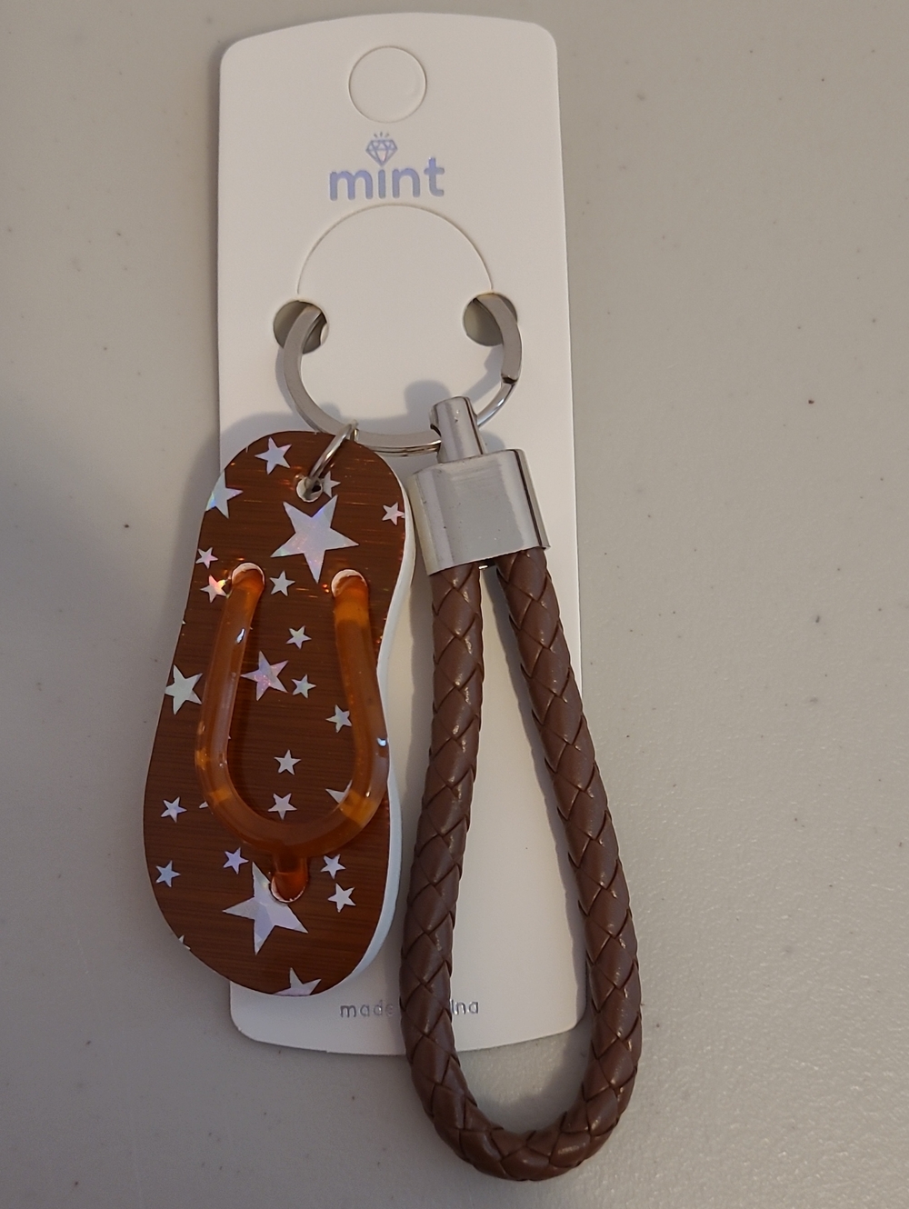Mint Brown Star Flip-Flop Keychain with Braided Loop